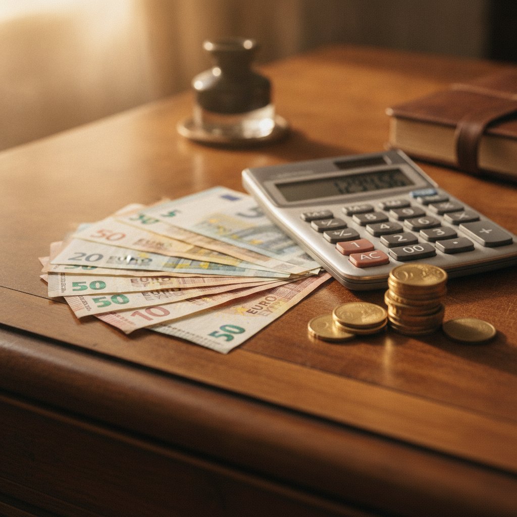 Billets en euros et calculatrice illustrant le calcul du dividende et de la fiscalite PFU