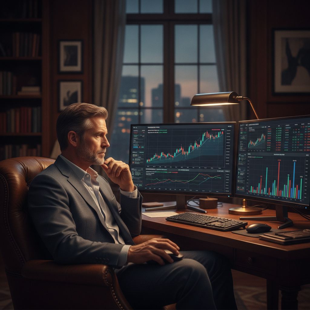 investisseur analysant un graphique de dividendes sur deux écrans