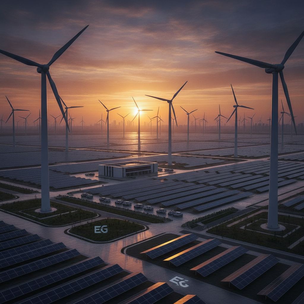 éoliennes et panneaux solaires d'un groupe d'énergie au coucher du soleil