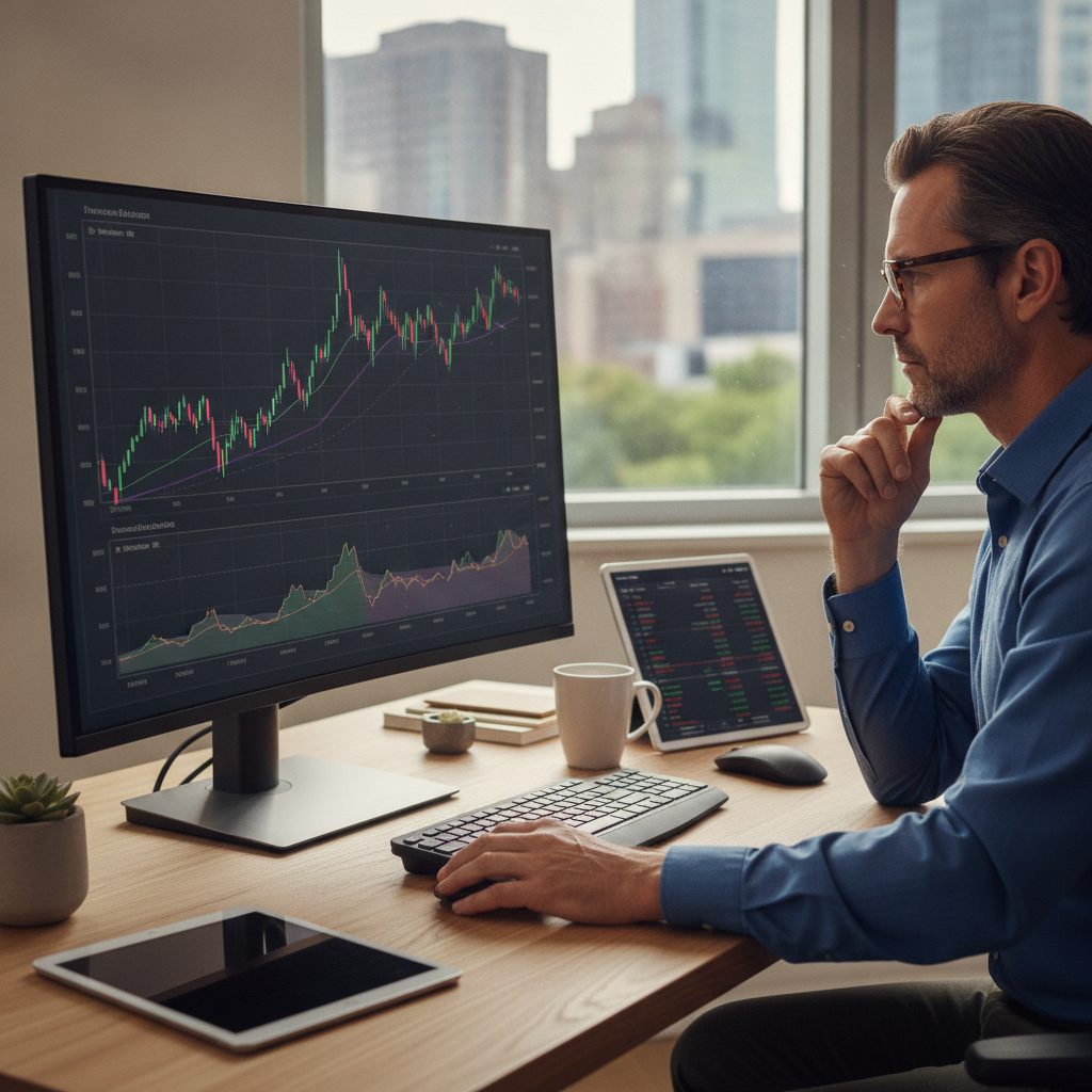 Investisseur analysant des actions à dividendes sur un écran financier