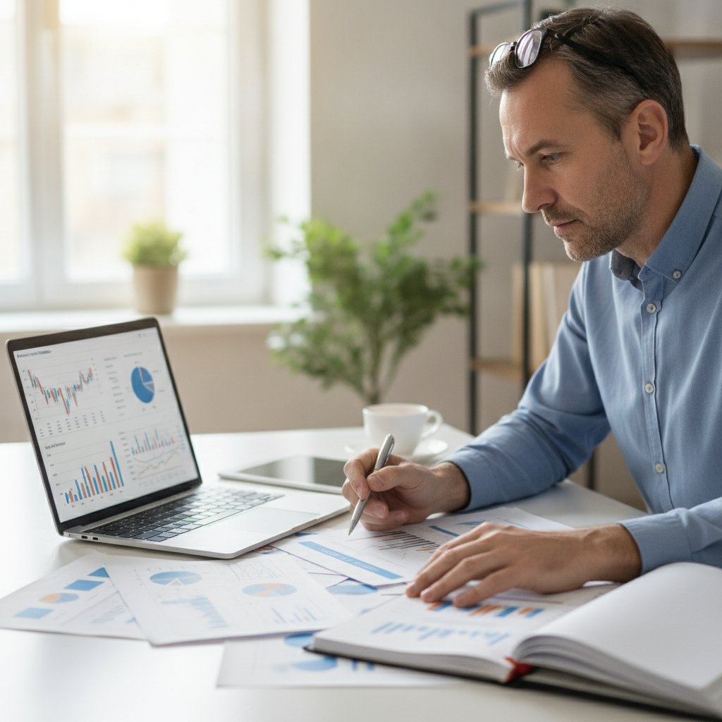 Investisseur particulier analysant son portefeuille d'actions a dividendes