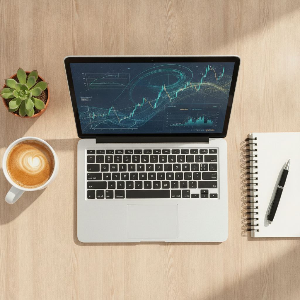 bureau d'investisseur avec ordinateur portable et graphiques financiers
