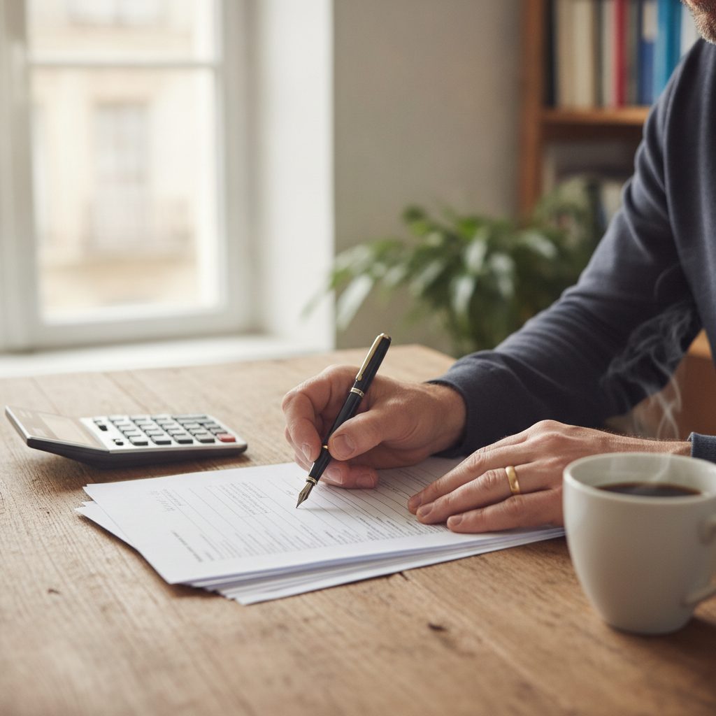 Épargnant calculant le rendement d'une obligation d'État avec documents et calculatrice