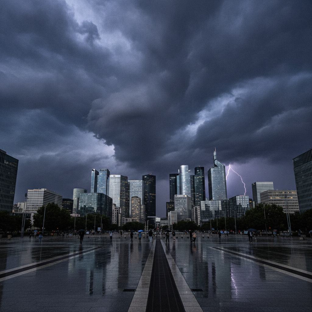 Nuages sombres sur le quartier d'affaires de La Défense, illustration des risques des obligations d'État